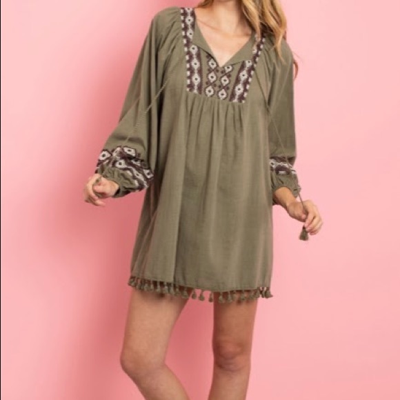 Dresses & Skirts - Olive Color, Embroidered Mini Dress/Tunic